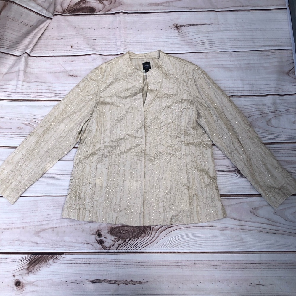 Eileen Fisher Silk Sequined Embroidered Textured Collarless Cream Jacket size L